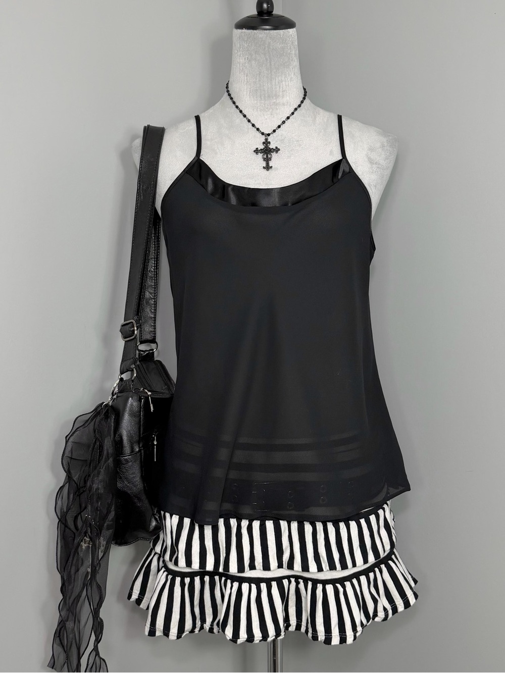 Vintage Cinema Etoile Black Semi Sheer Camisole with Satin Neckline